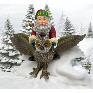 Vintage Santa Riding Owl Christmas Figurine Rustic Nature Sculpture